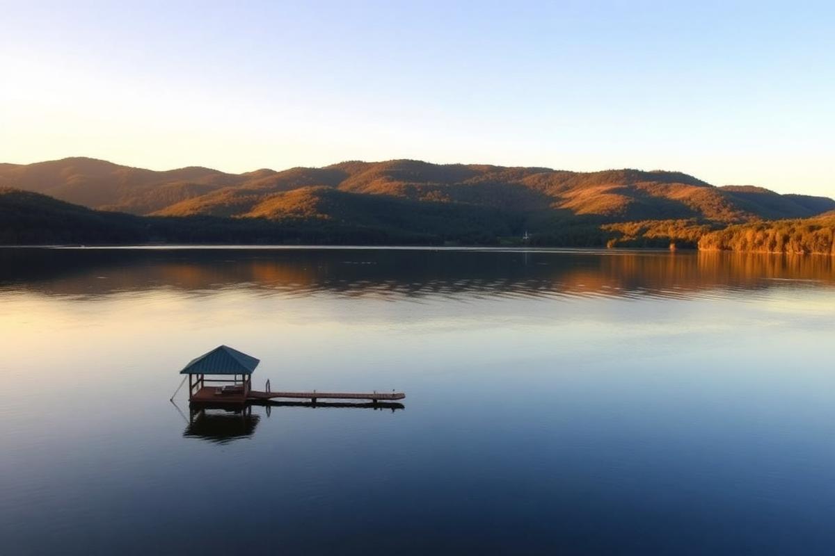 Canandaigua Lake at golden hour with a dock and rolling hills